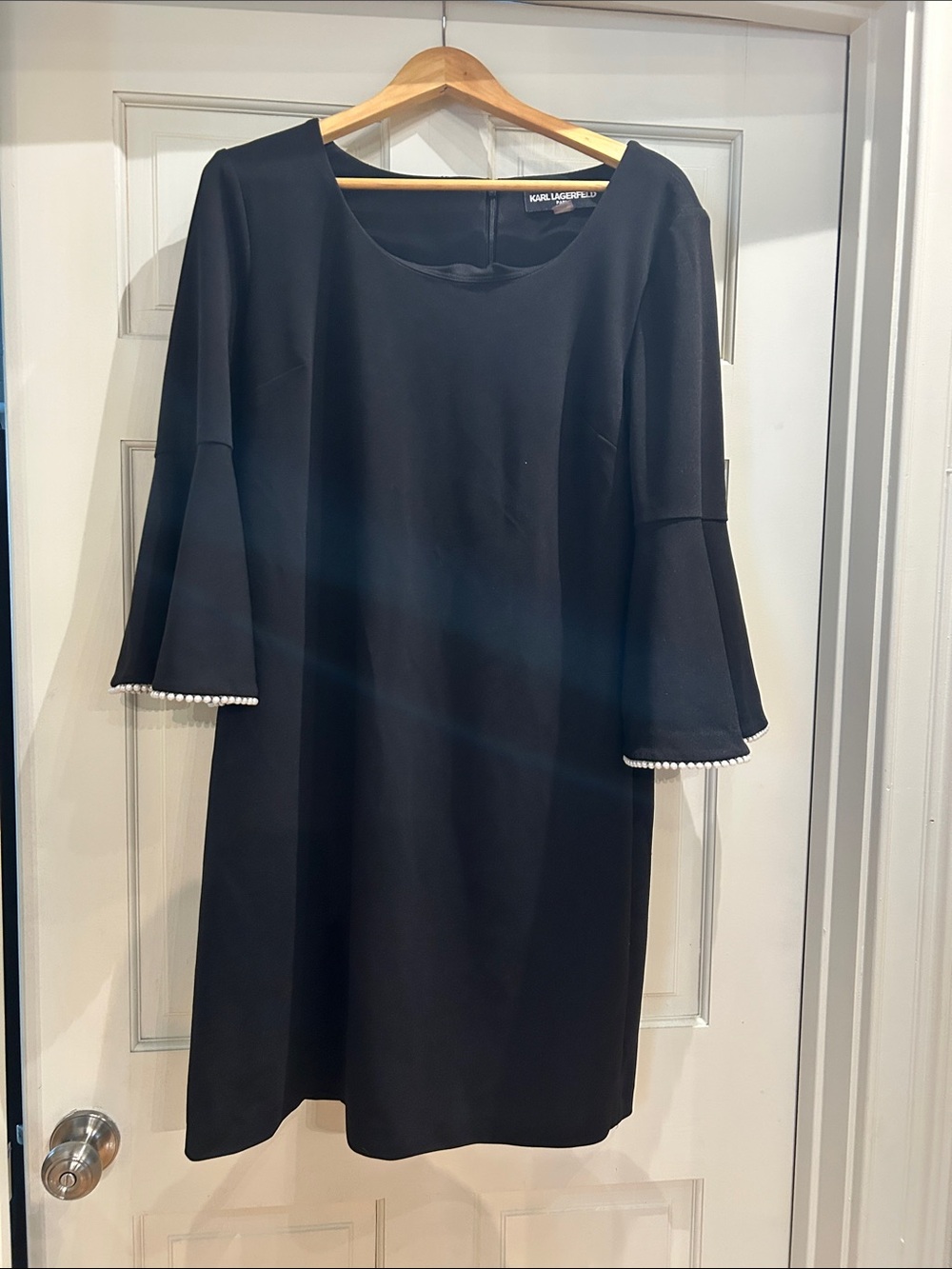 Karl Lagerfeld Black Shift Dress with Pearl-Trim Bell Sleeves
